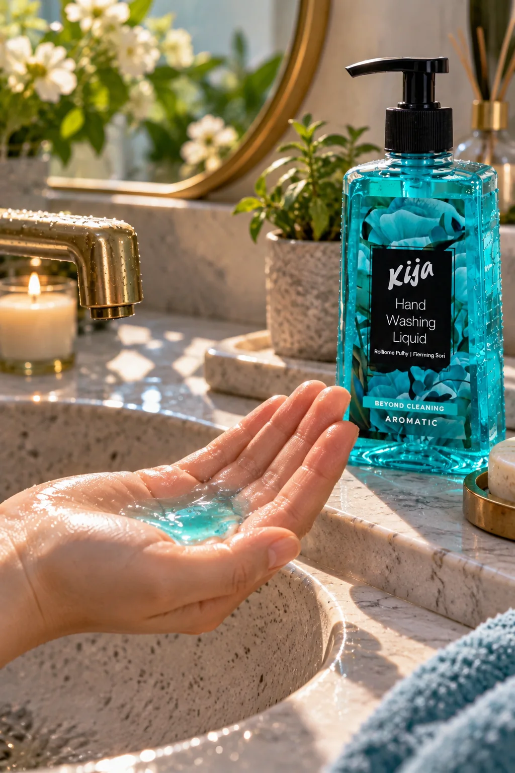 Handwashing with a blue Antanu cleaning bottle